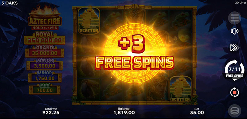 3 Oaks Aztec Fire Slot - Retrigger Free Spins