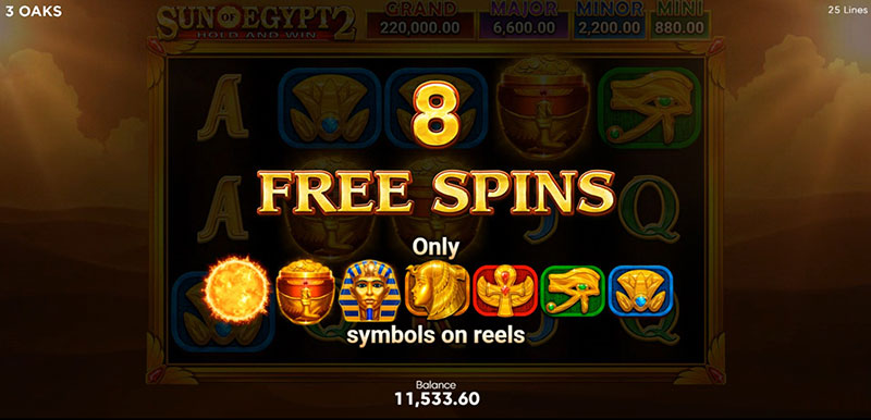 3 Oaks Sun of Egypt 2 Slot - 8 Free Spins